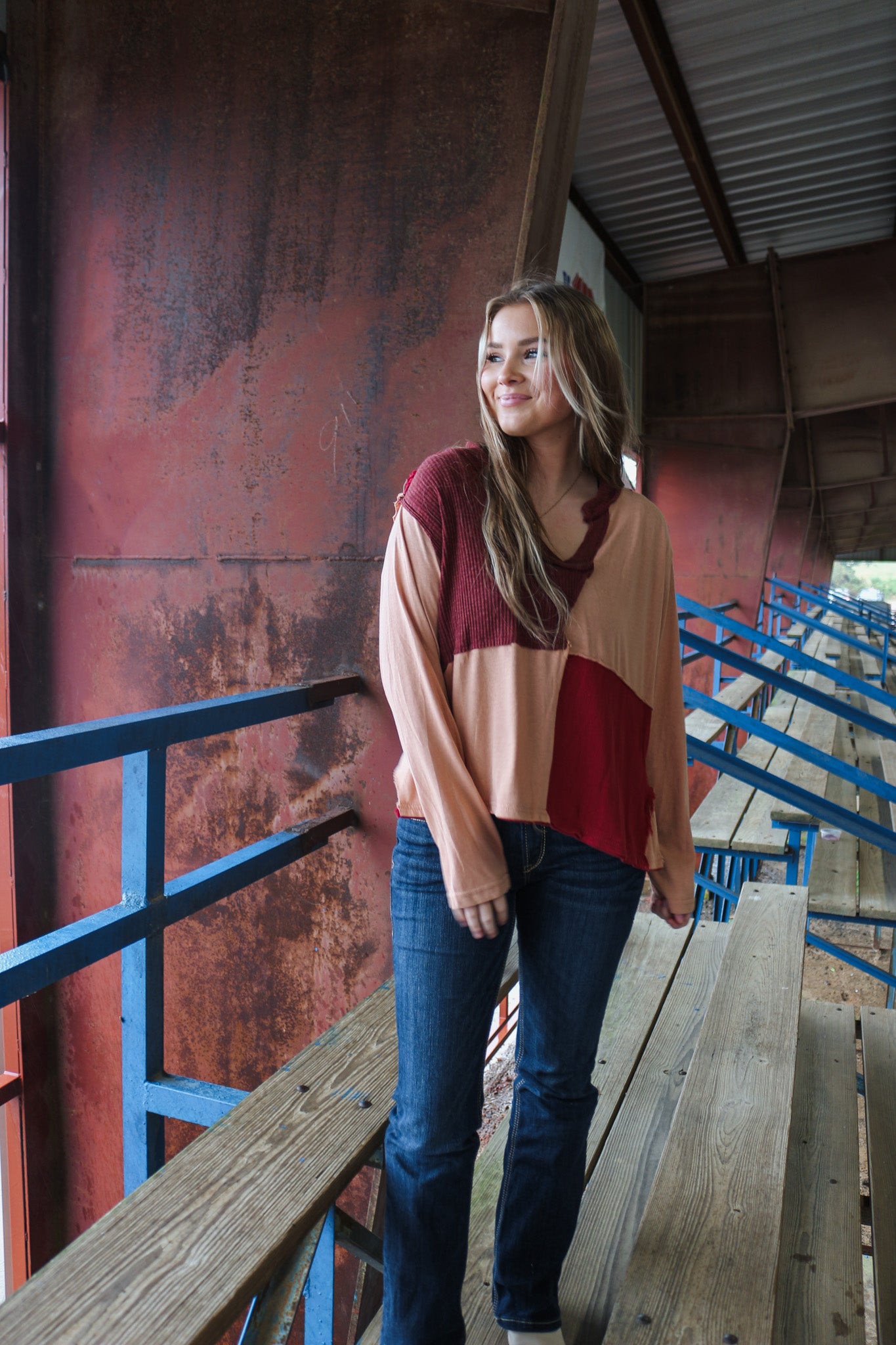 Apple Picking Coral Red Long Sleeve Top