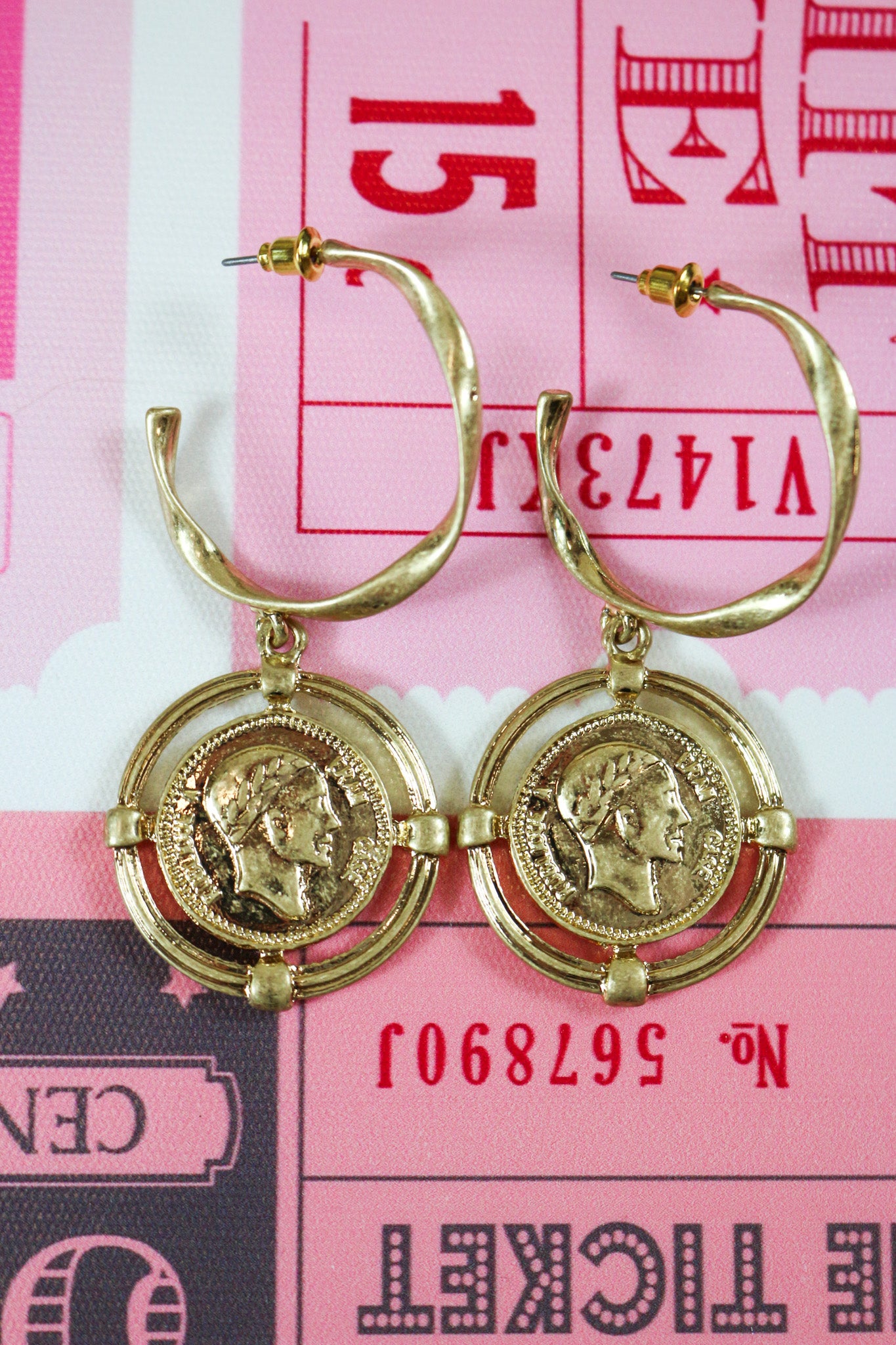 Gold Small Hoop Worn Gold Coin 1.5" Earring