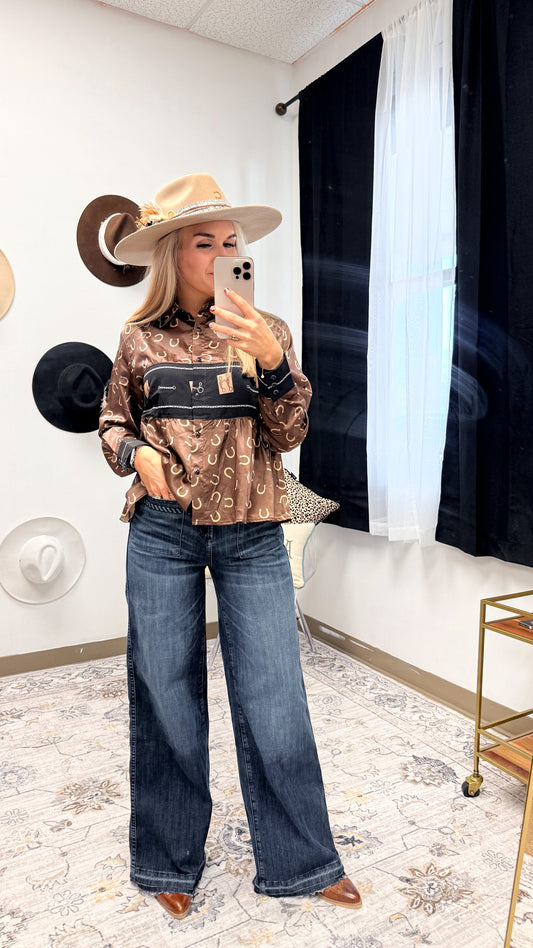 A Bit Lucky Brown Horse Shoe Blouse