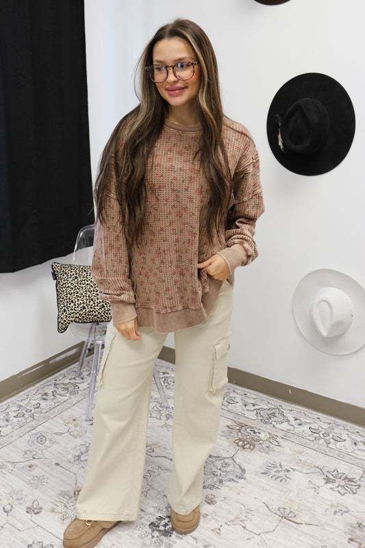 Fresh Slate Mocha Floral Thermal Knit Top