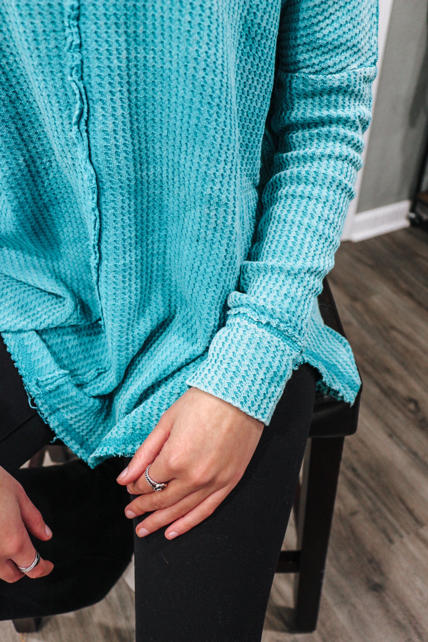 What A Treat Light Teal Waffle Knit Top