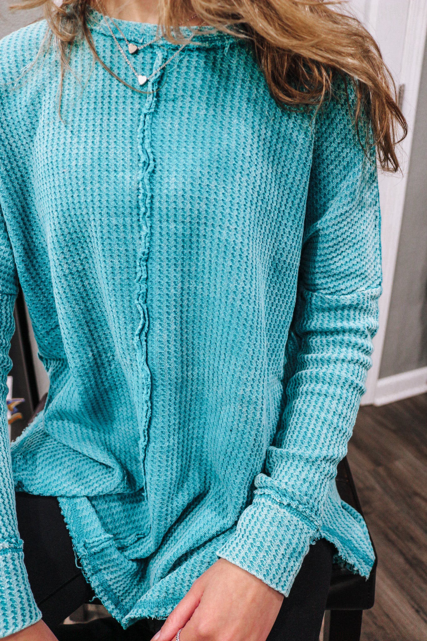 What A Treat Light Teal Waffle Knit Top