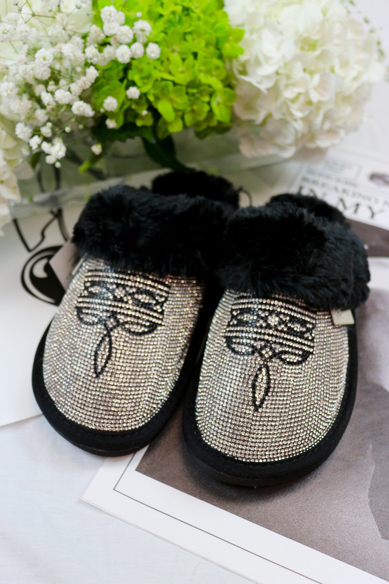Women's Alexis Black Rhinestone Western Slippers