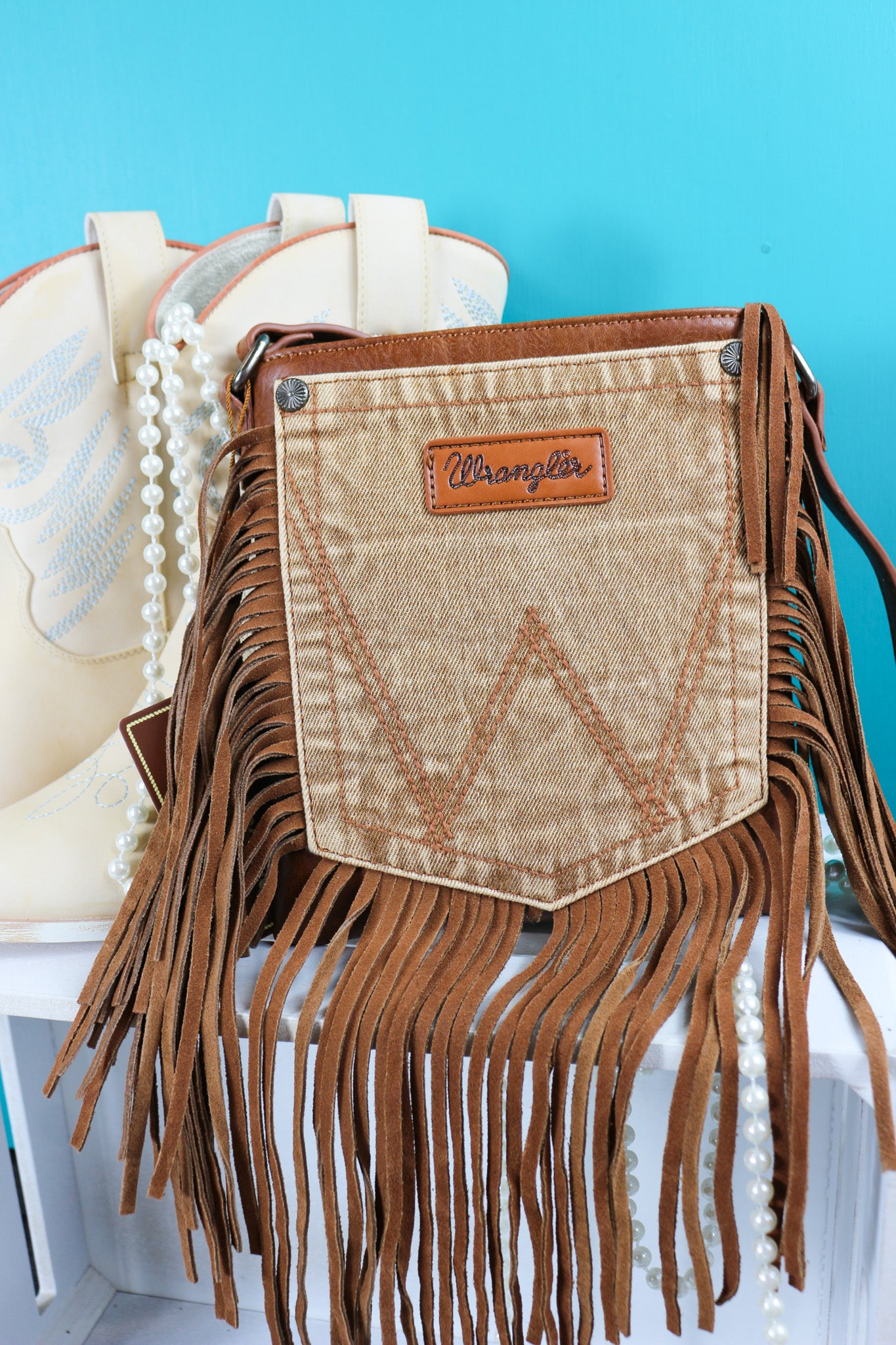 Wrangler Denim Pocket Fringe Crossbody Bag- 2 Colors