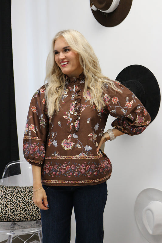 Own The Town Brown Floral Blouse