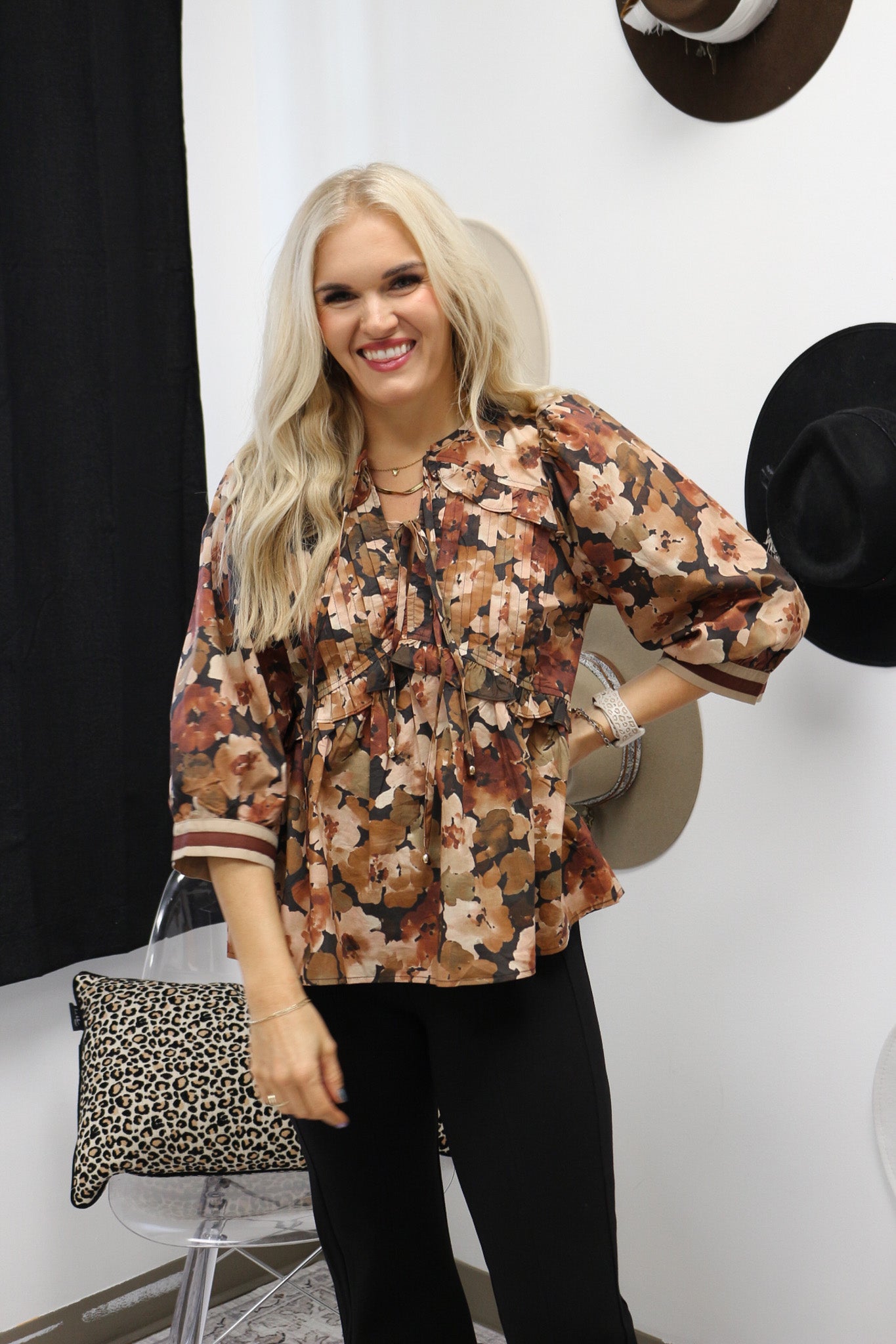 Charming Sights Brown Floral Blouse