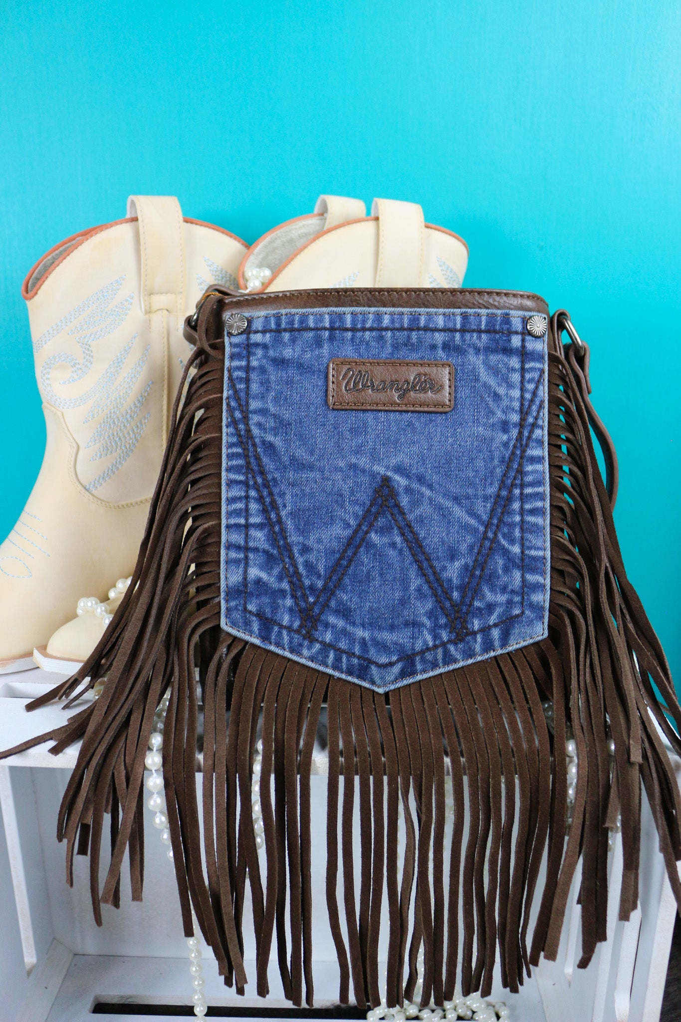 Wrangler Denim Pocket Fringe Crossbody Bag- 2 Colors