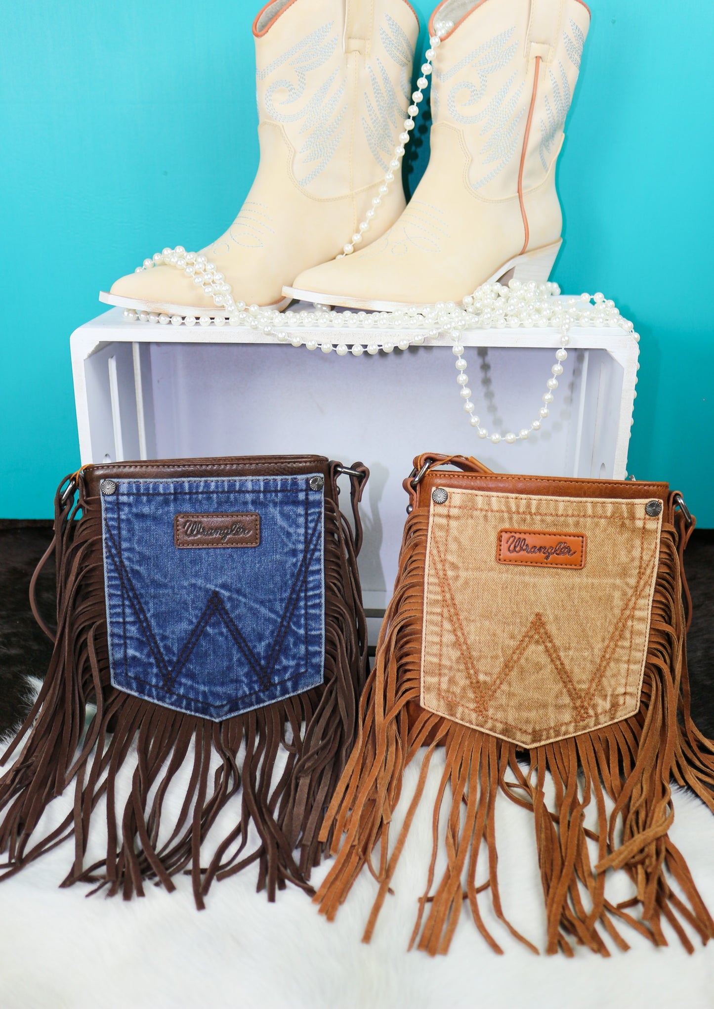 Wrangler Denim Pocket Fringe Crossbody Bag- 2 Colors