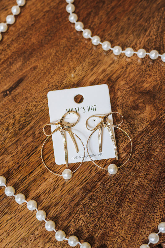 Gold Bow Hoop Earrings With Pearl
