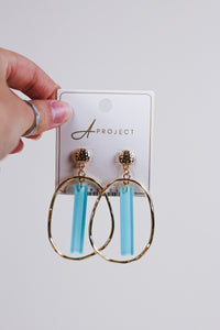 Gold Open Oval with Blue Acrylic Bar 2" Earring