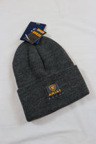 Ariat Rebar charcoal grey knit watch cap with cuff and Ariat logo patch, shown with tags