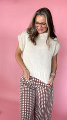 Cream chunky knit turtleneck sweater with short dolman sleeves