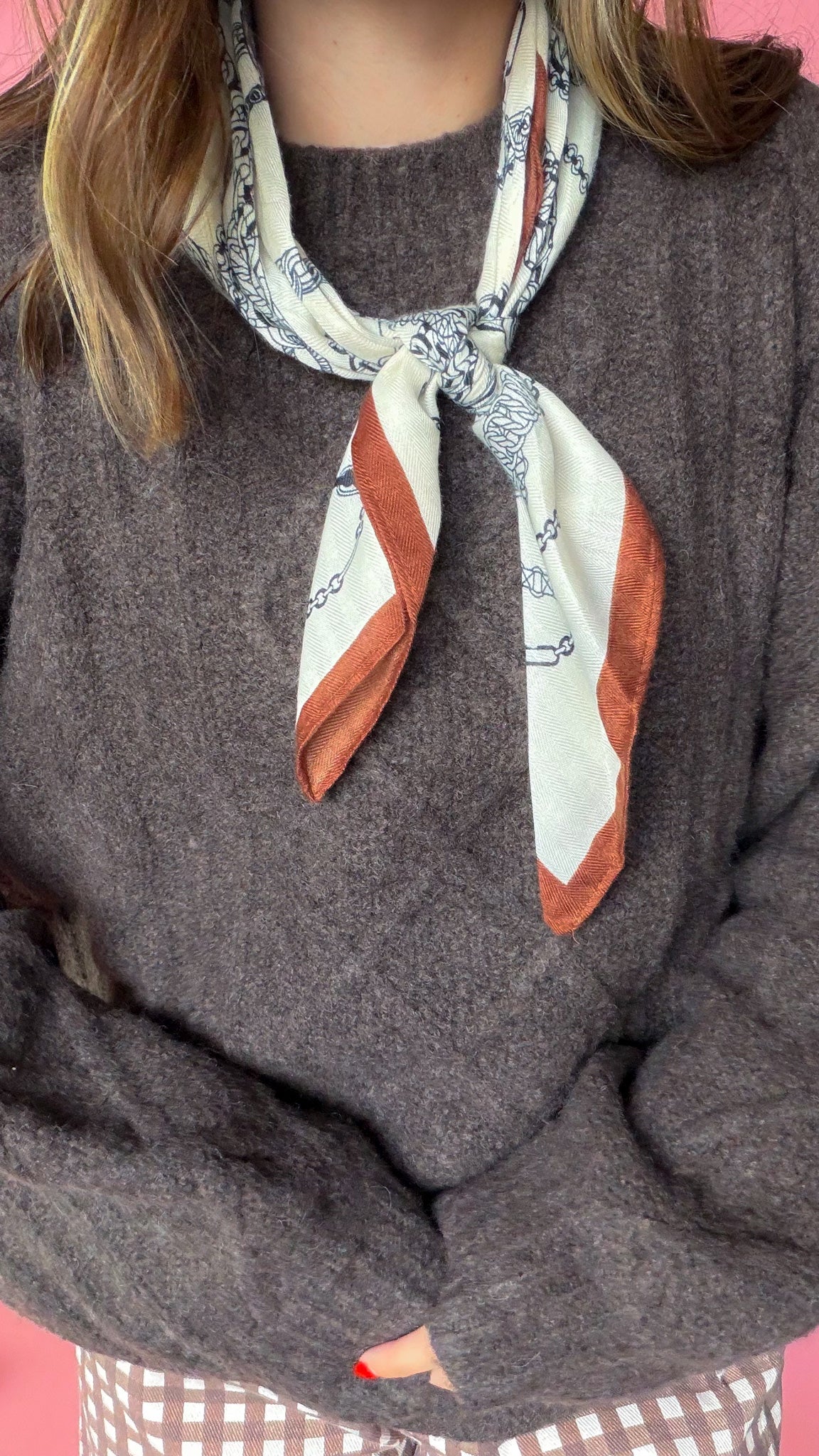 Ivory Silky Bandana Chain Print Neck Scarf