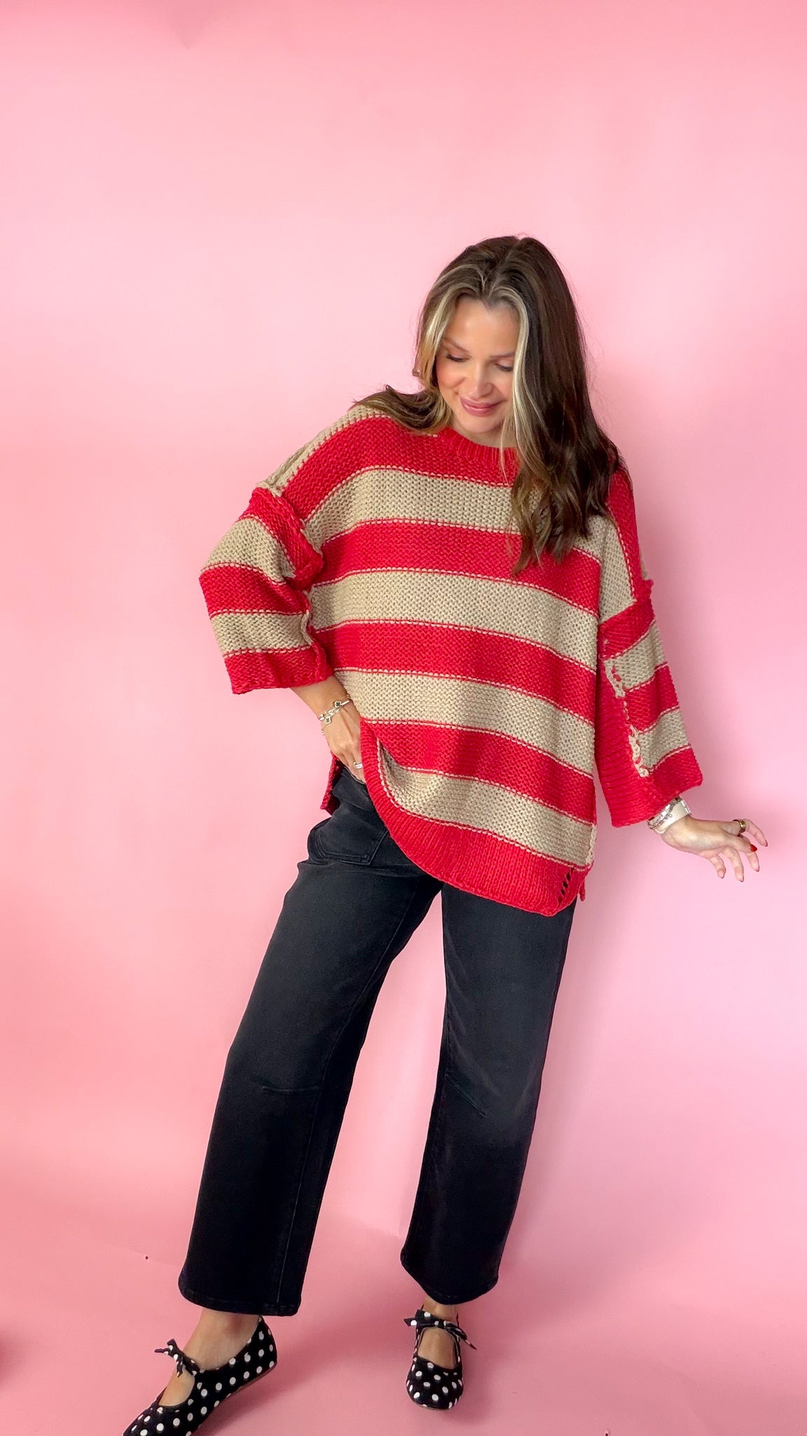 Autumn Mood Red Taupe Stripe Sweater