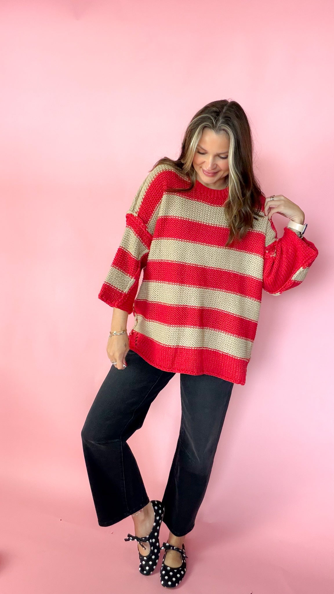 Autumn Mood Red Taupe Stripe Sweater