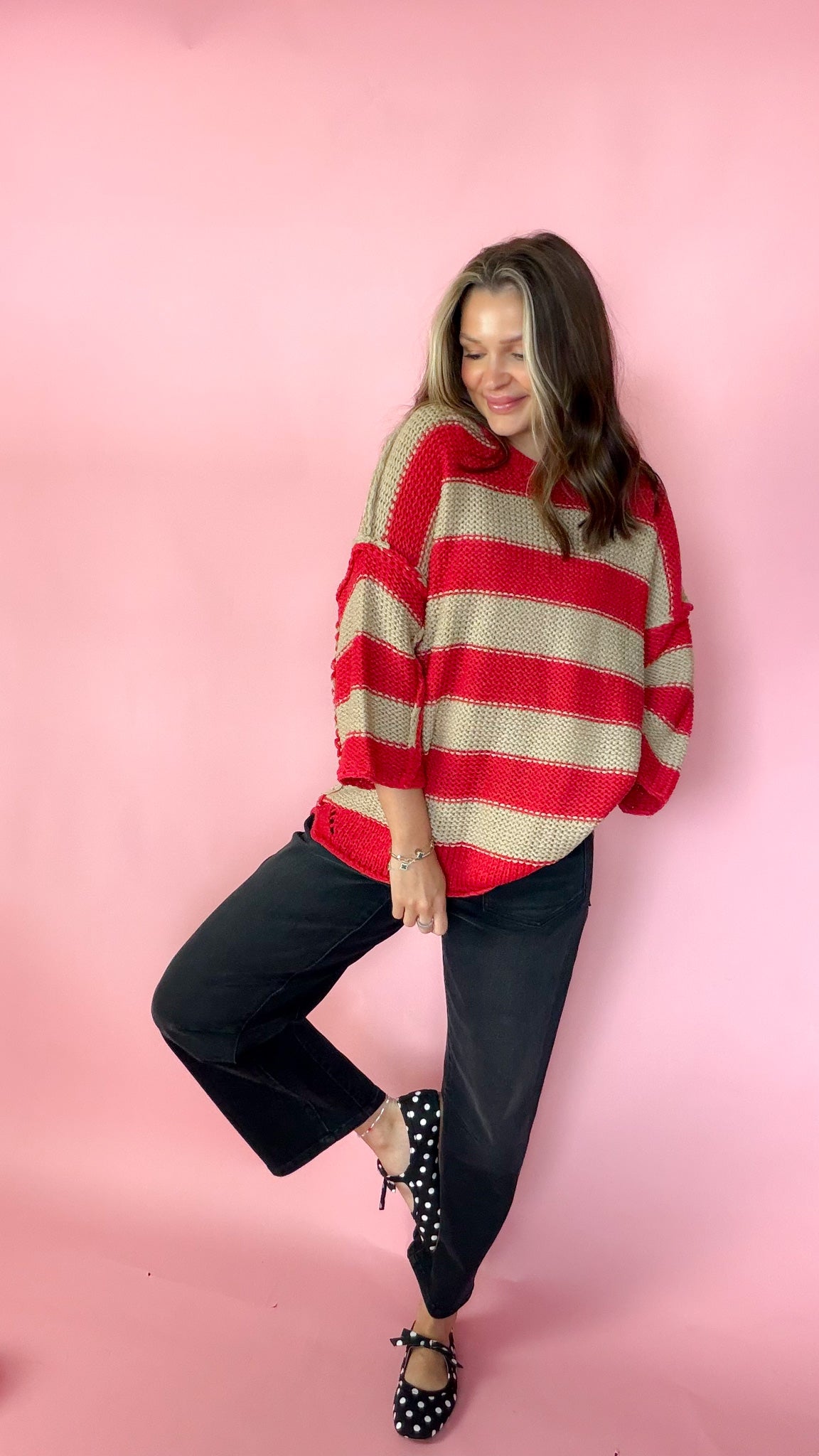 Autumn Mood Red Taupe Stripe Sweater