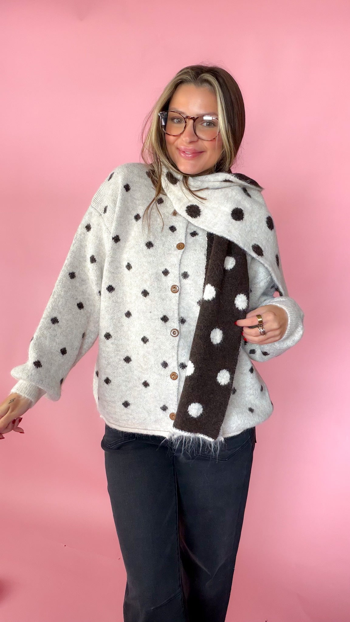 Don't Be So Shy Women's Oatmeal Polka Dot Sweater & Scarf Set