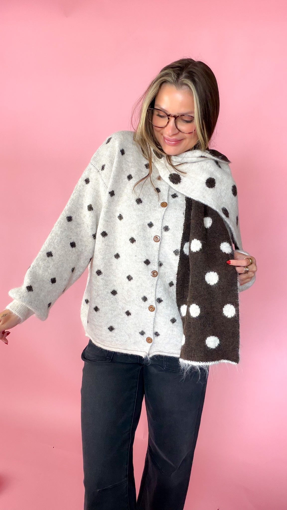 Don't Be So Shy Women's Oatmeal Polka Dot Sweater & Scarf Set