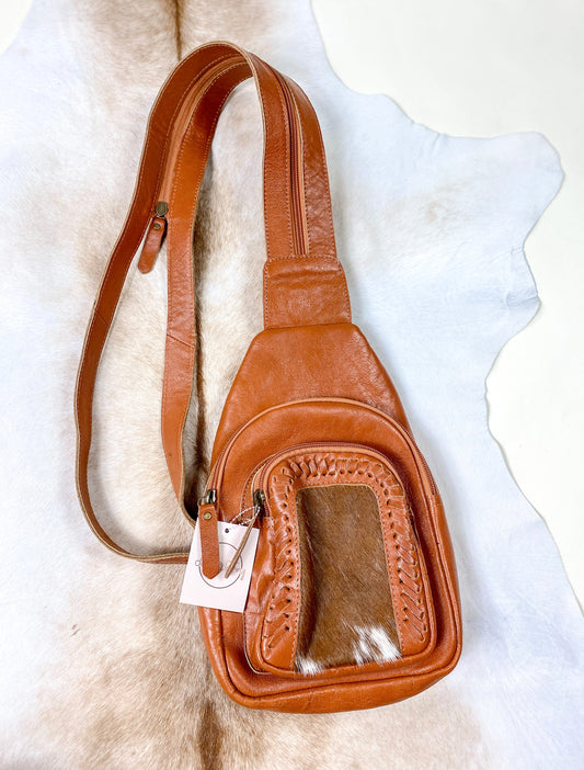 Western Linen Brown Leather Zip Cowhide Crossbody