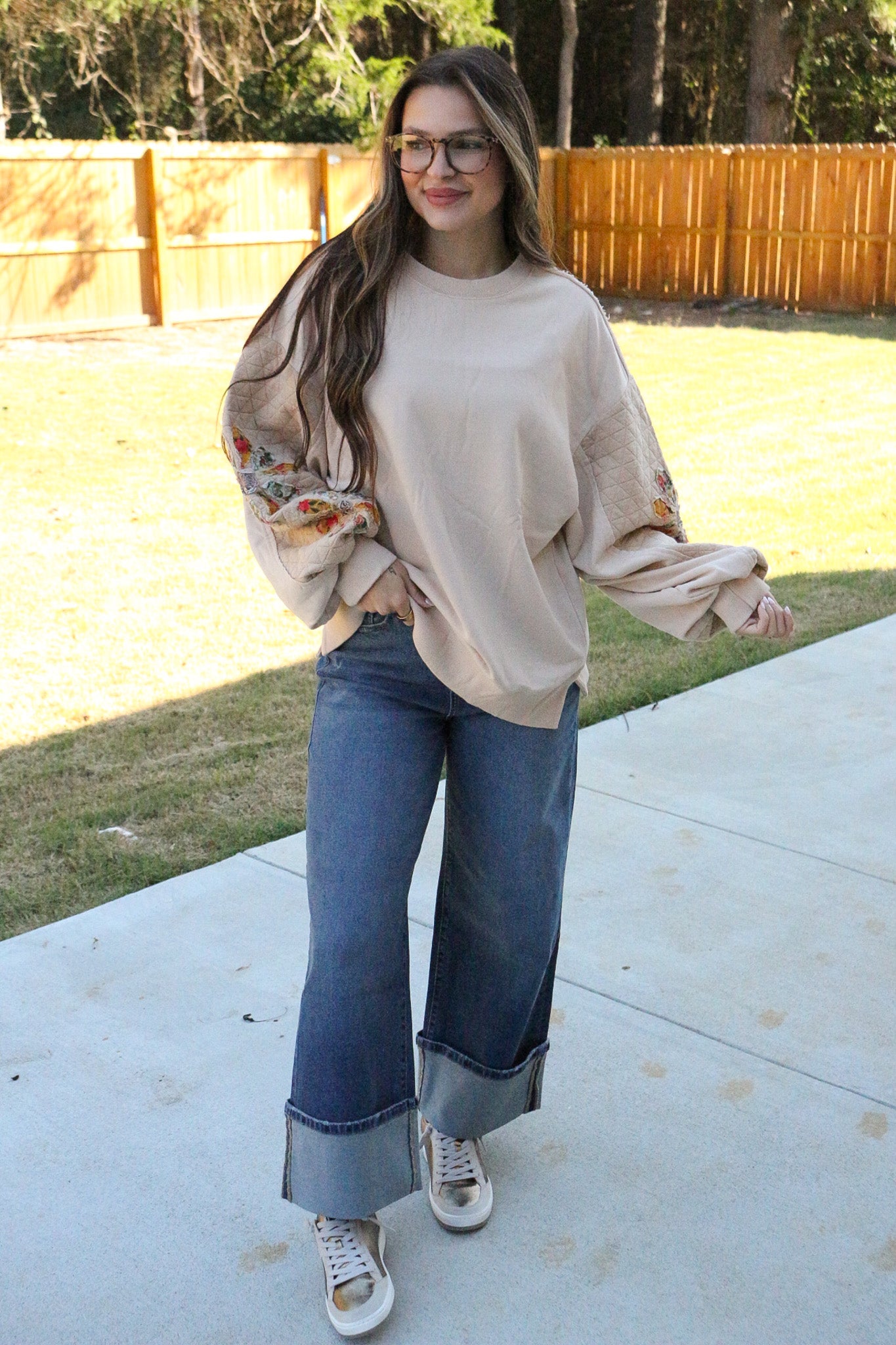 Power Play Natural Quilted Floral Patch Top