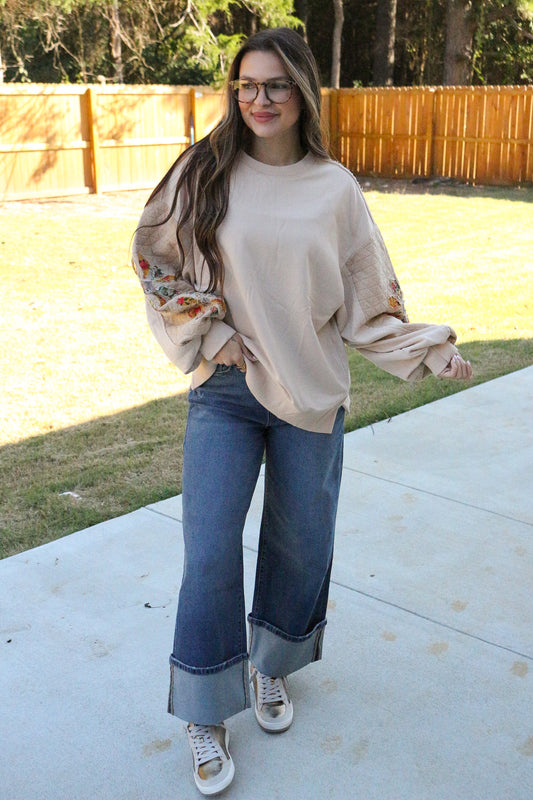 Power Play Natural Quilted Floral Patch Top