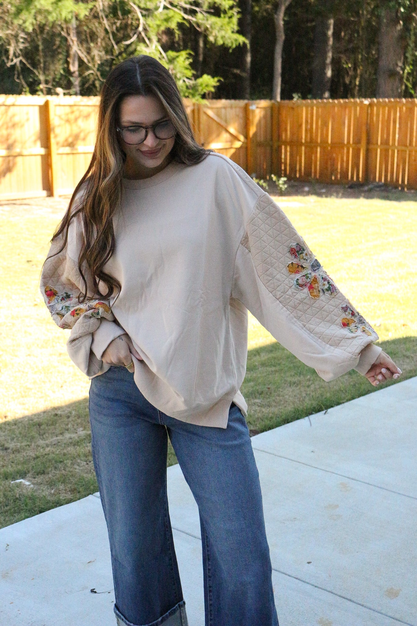 Power Play Natural Quilted Floral Patch Top