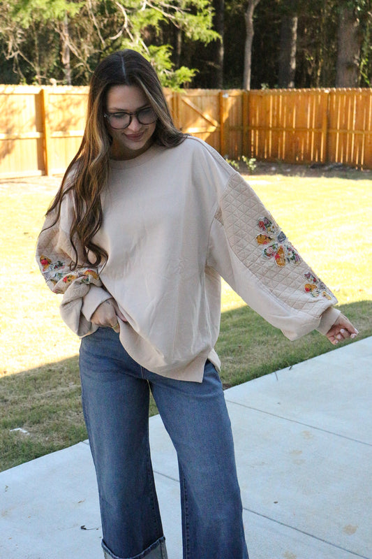 Power Play Natural Quilted Floral Patch Top