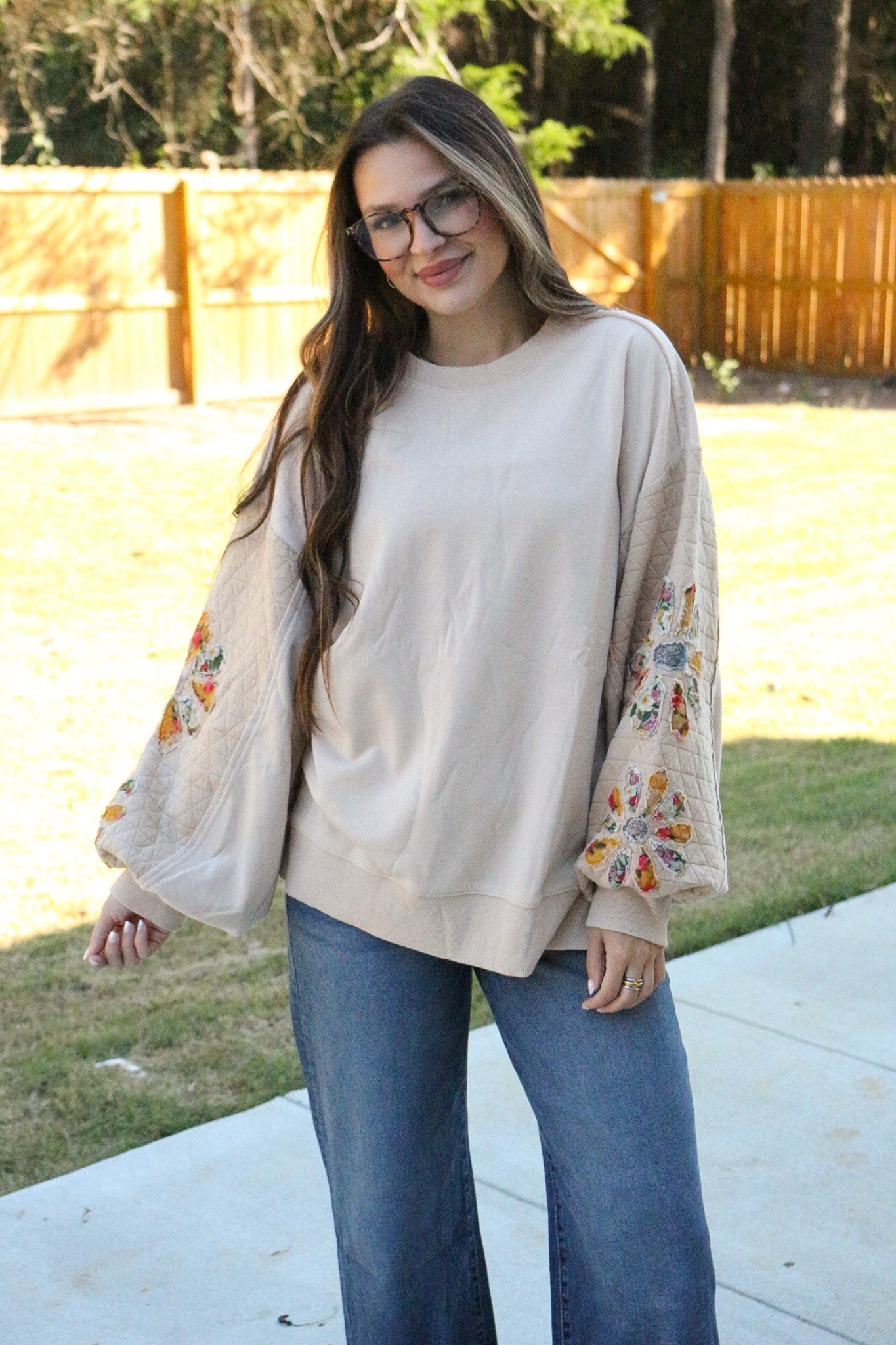 Power Play Natural Quilted Floral Patch Top