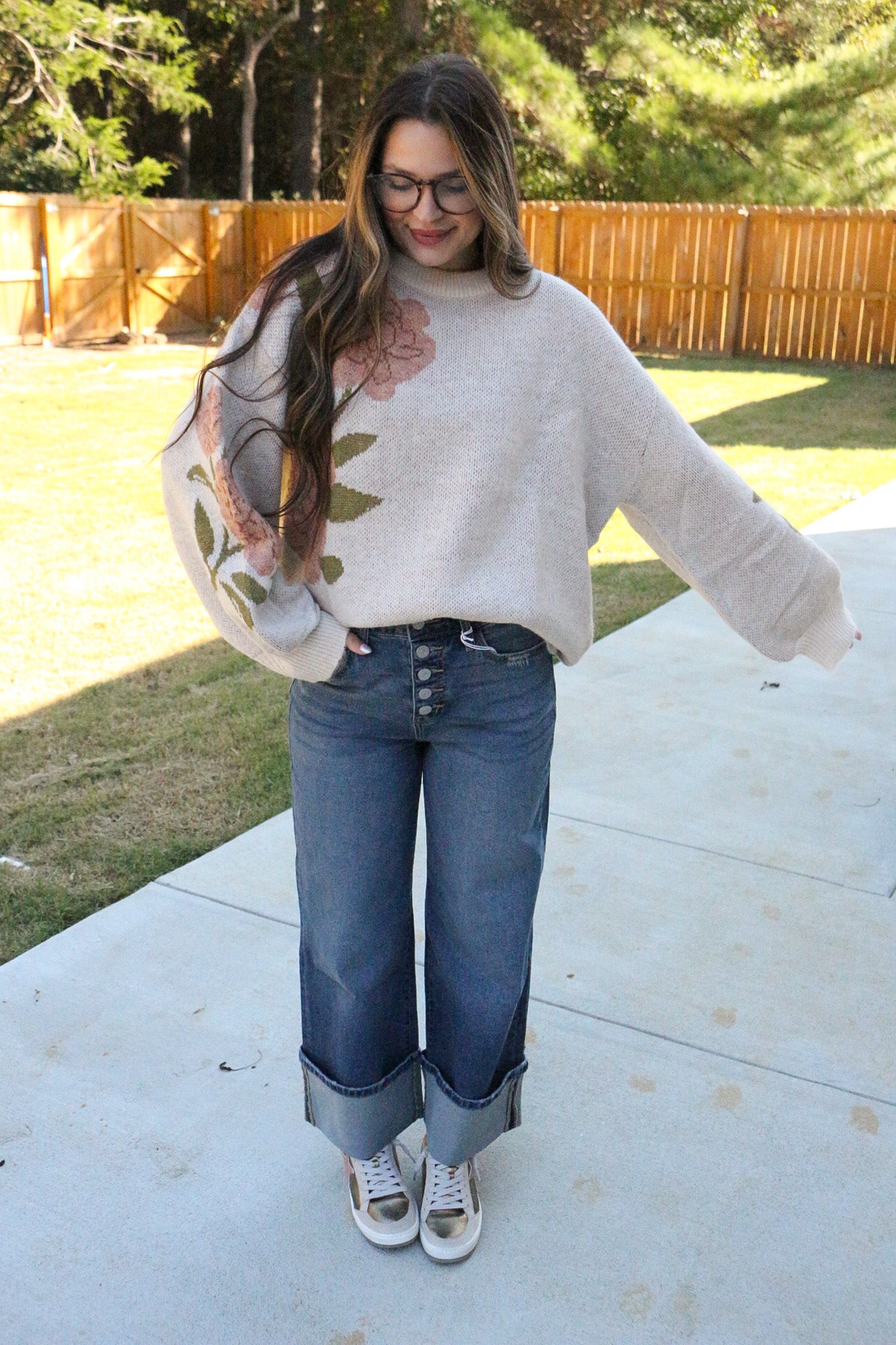 Step Into Style Floral Oatmeal Knit Sweater