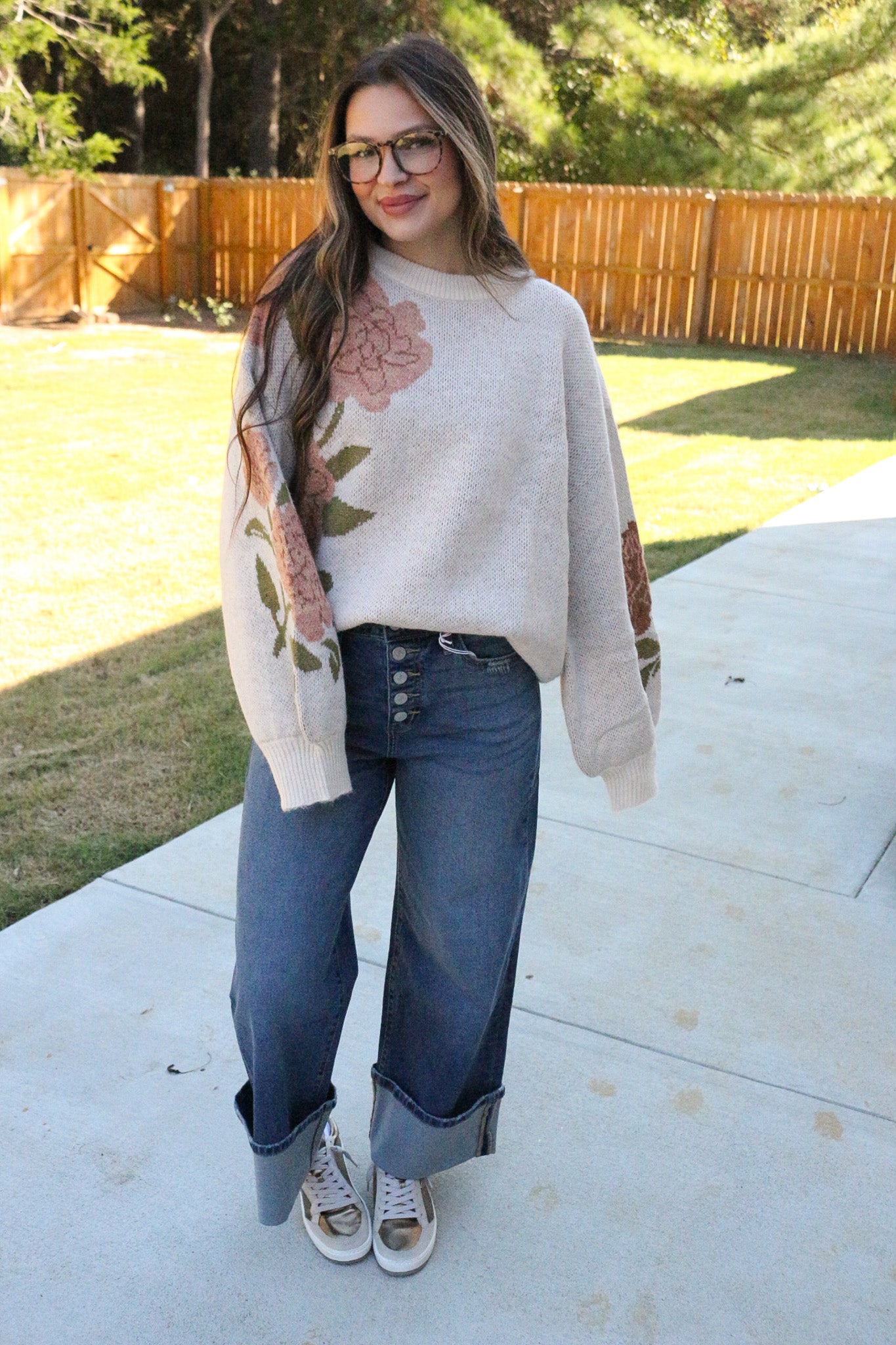 Step Into Style Floral Oatmeal Knit Sweater