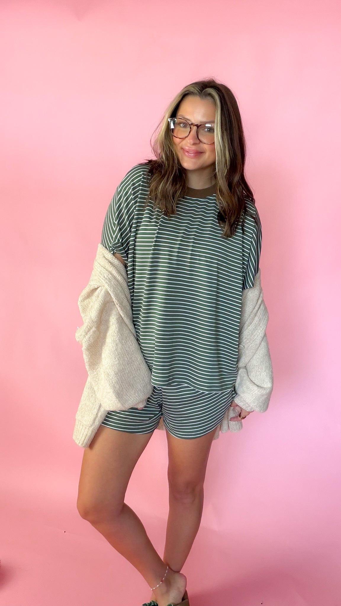 Fun In The Detail Women's Olive Brown Stripe Short Set