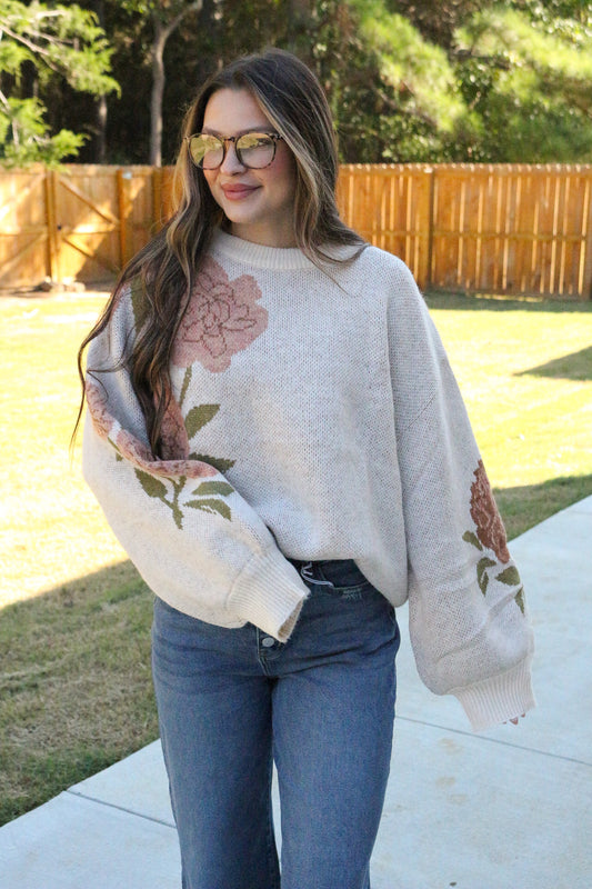 Step Into Style Floral Oatmeal Knit Sweater
