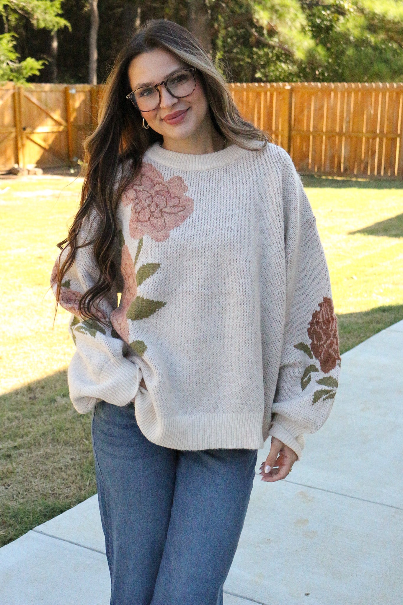 Step Into Style Floral Oatmeal Knit Sweater