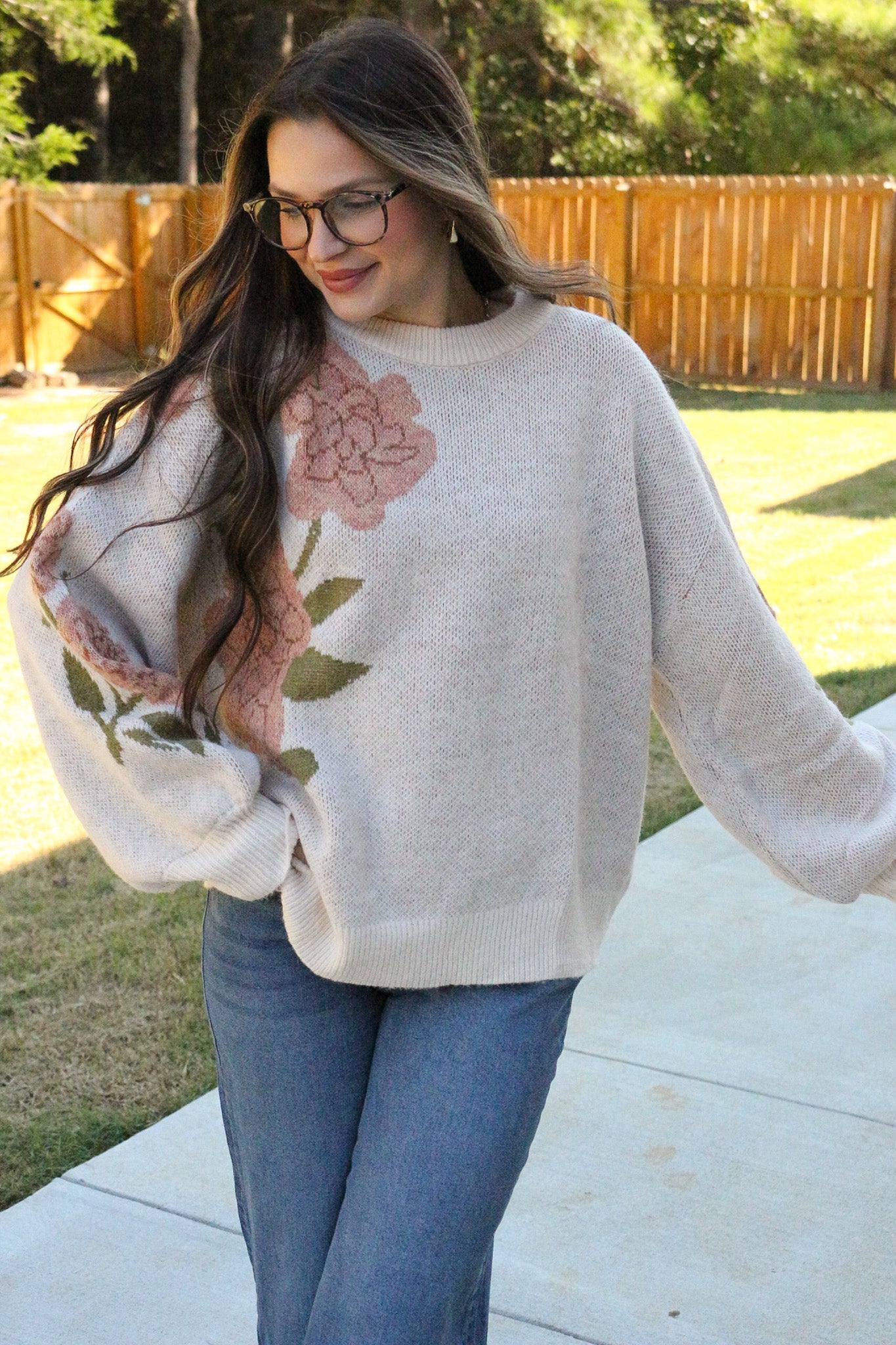Step Into Style Floral Oatmeal Knit Sweater