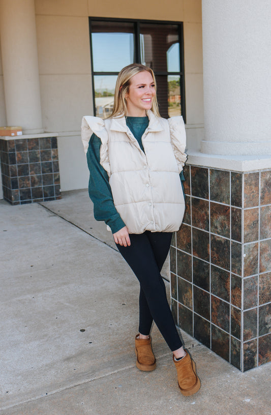 Call Me Crazy Sand Ruffle Puffer Vest