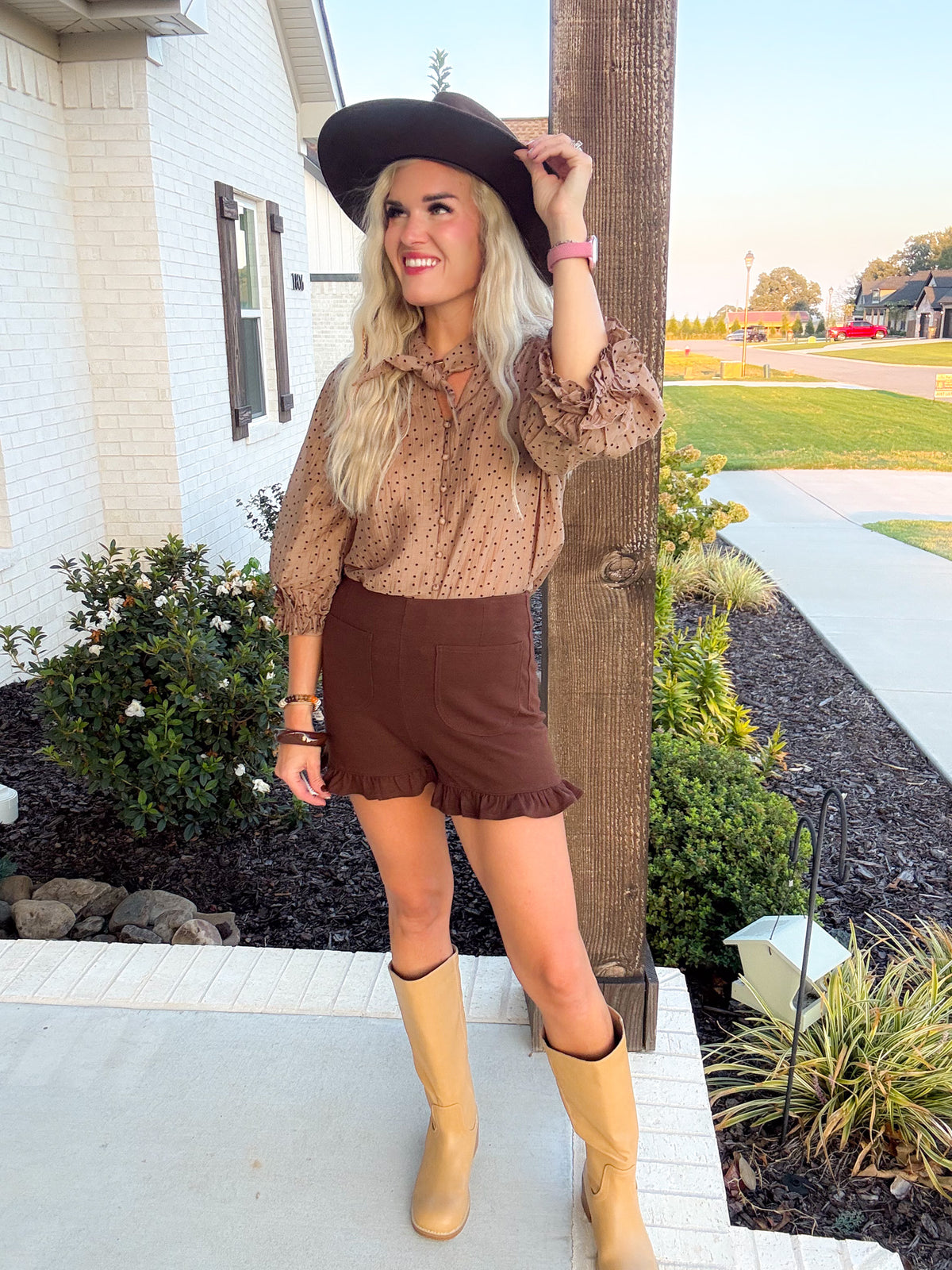 Humble Brunch Women's Brown Ruffle Shorts
