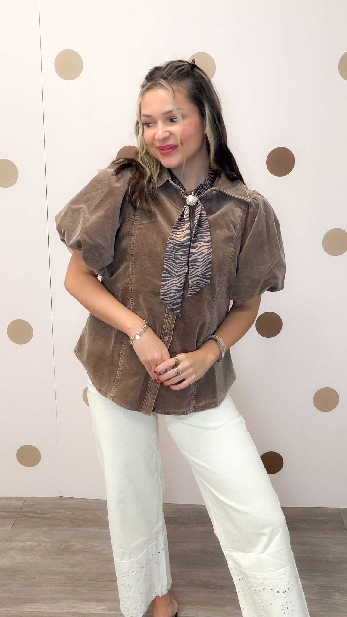 Studied In Secret Women's Bubble Sleeve Corduroy Blouse