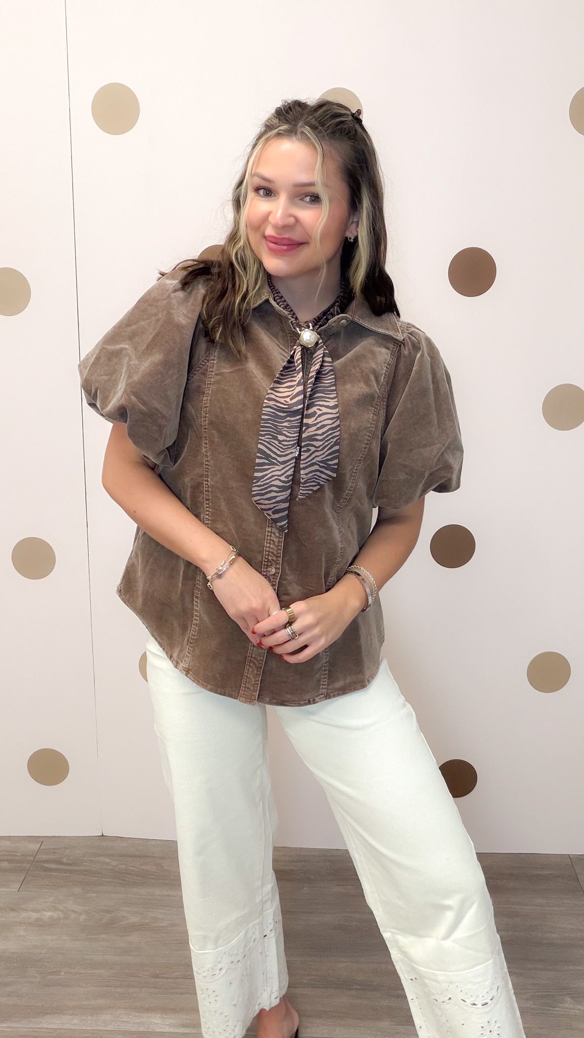 Studied In Secret Women's Bubble Sleeve Corduroy Blouse