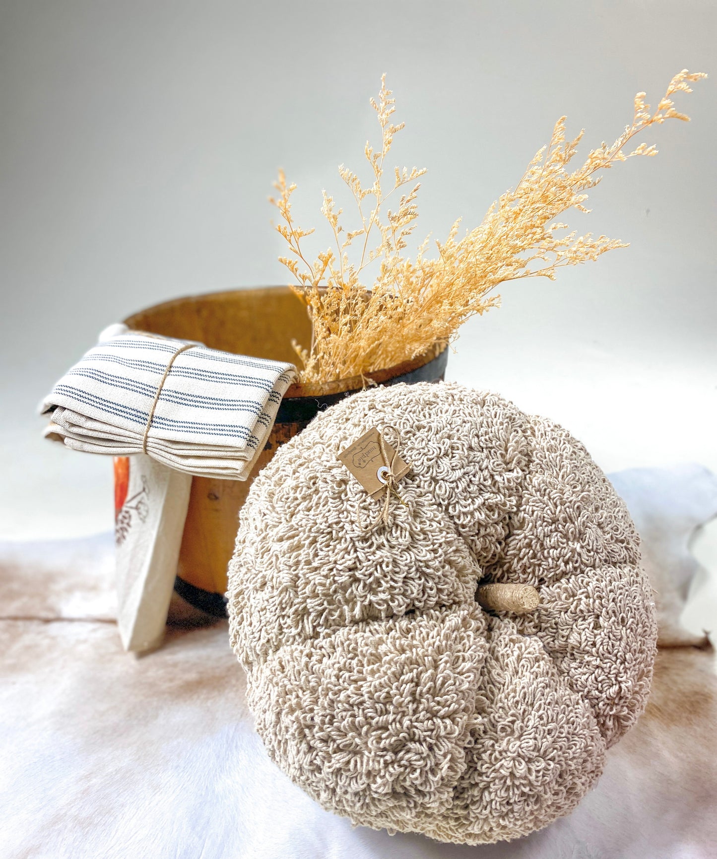 Large Cream Tufting Pumpkin Sitter