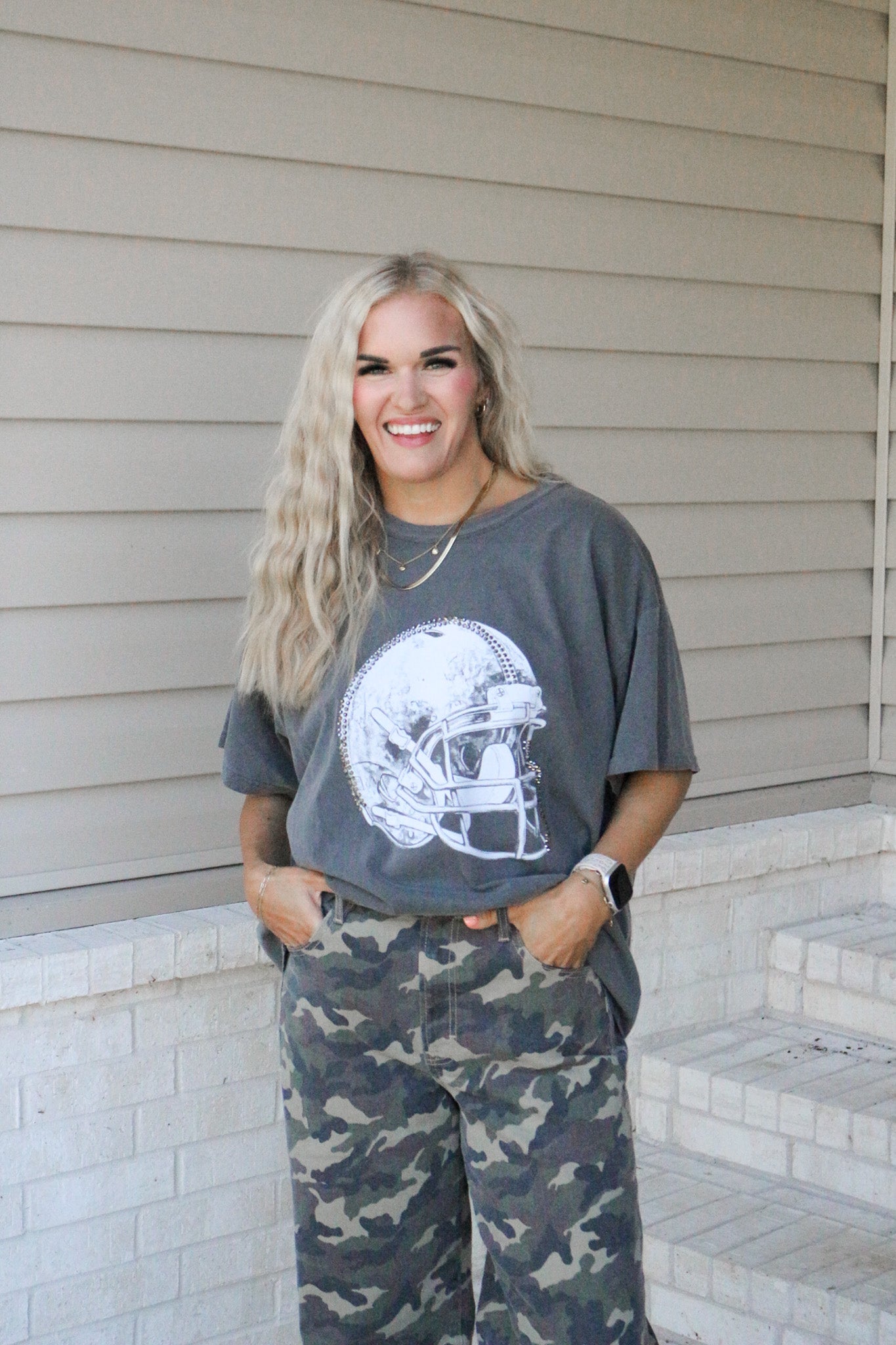 Rhinestone Football Helmet Charcoal Grey Graphic Tee