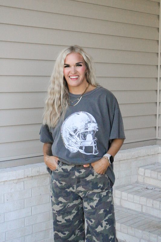 Rhinestone Football Helmet Charcoal Grey Graphic Tee