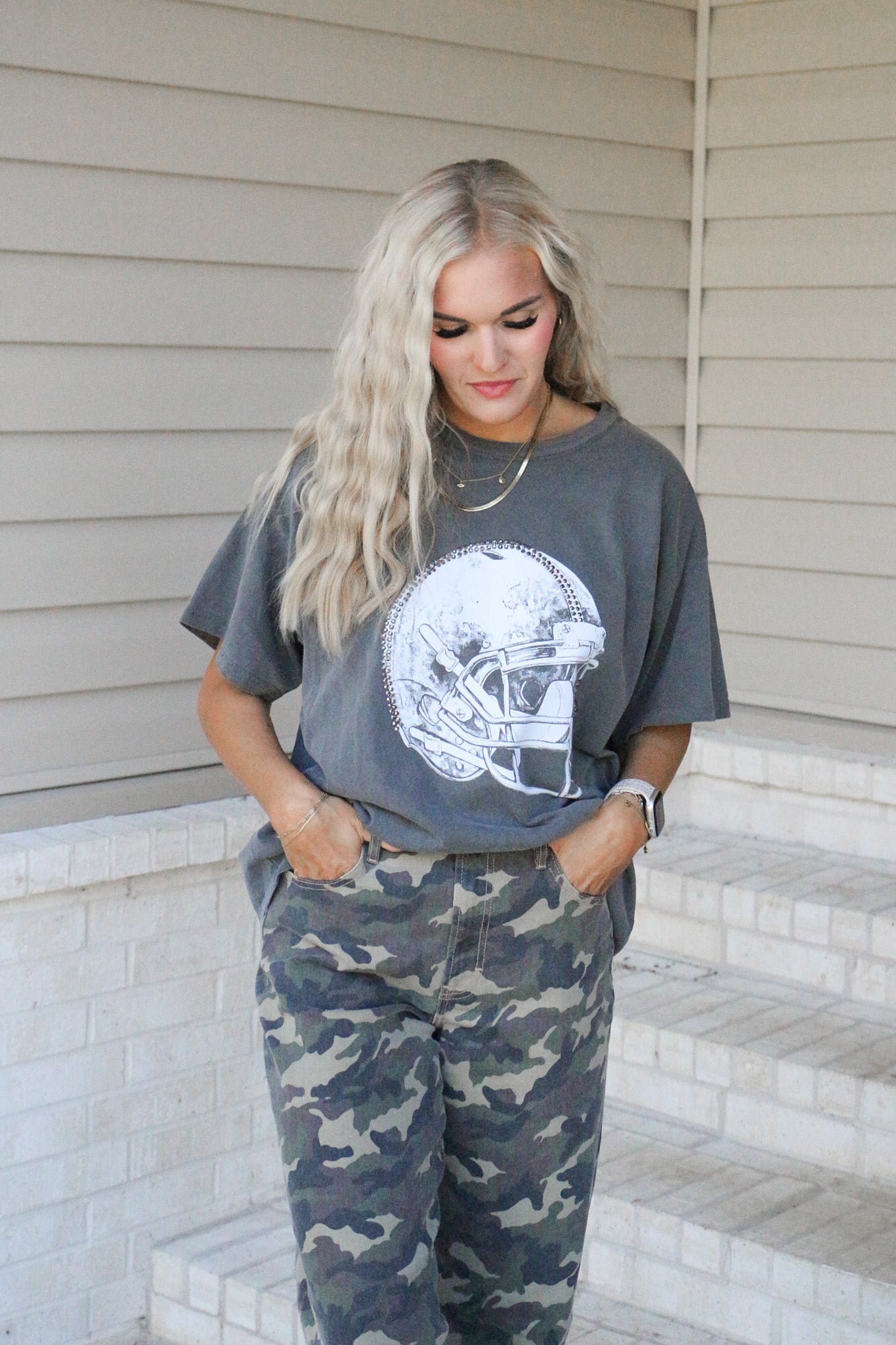 Rhinestone Football Helmet Charcoal Grey Graphic Tee