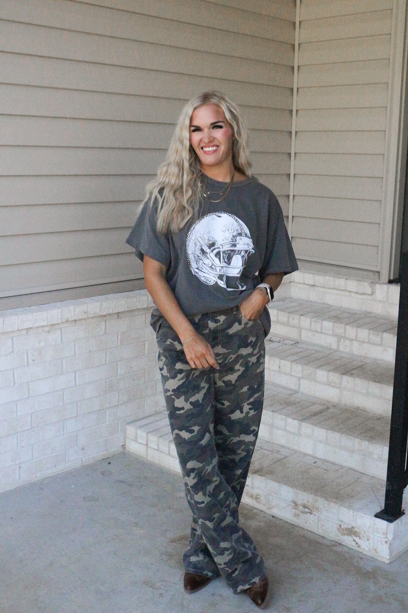 Rhinestone Football Helmet Charcoal Grey Graphic Tee