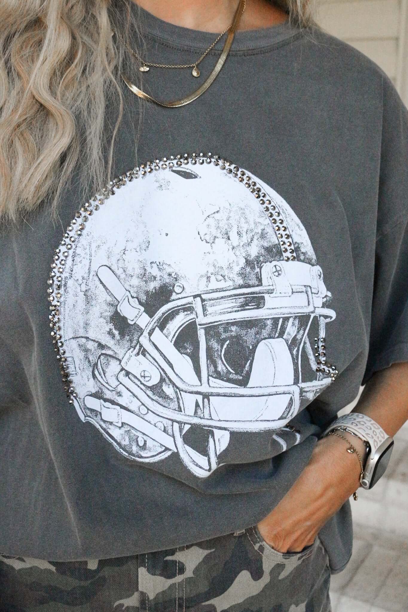 Rhinestone Football Helmet Charcoal Grey Graphic Tee