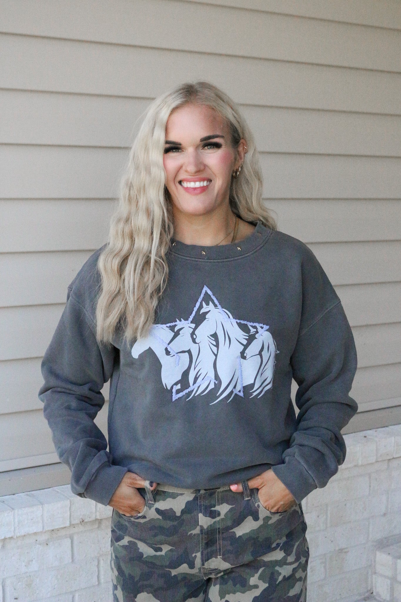 Spunky Wilderness Charcoal Grey Horse Studded Sweatshirt