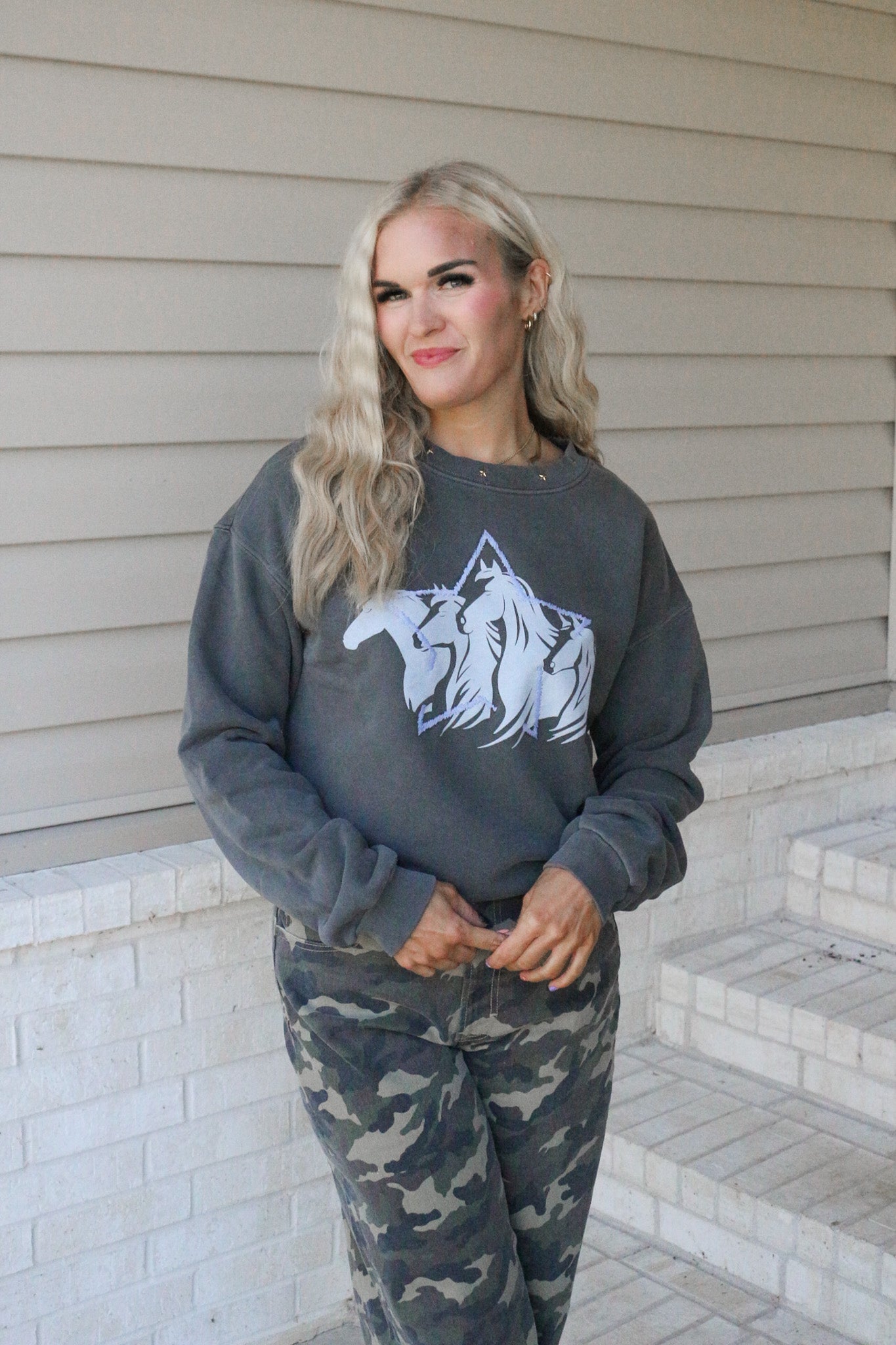 Spunky Wilderness Charcoal Grey Horse Studded Sweatshirt