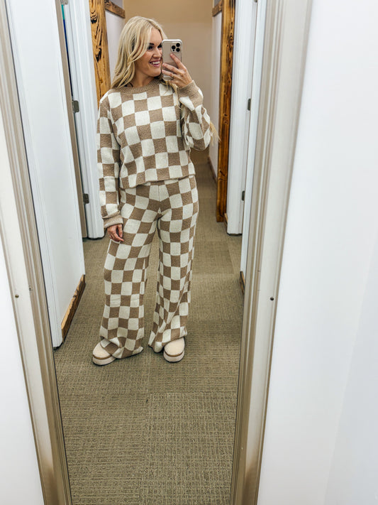 My Best Bet Beige Ivory Checkered Knit Lounge Set