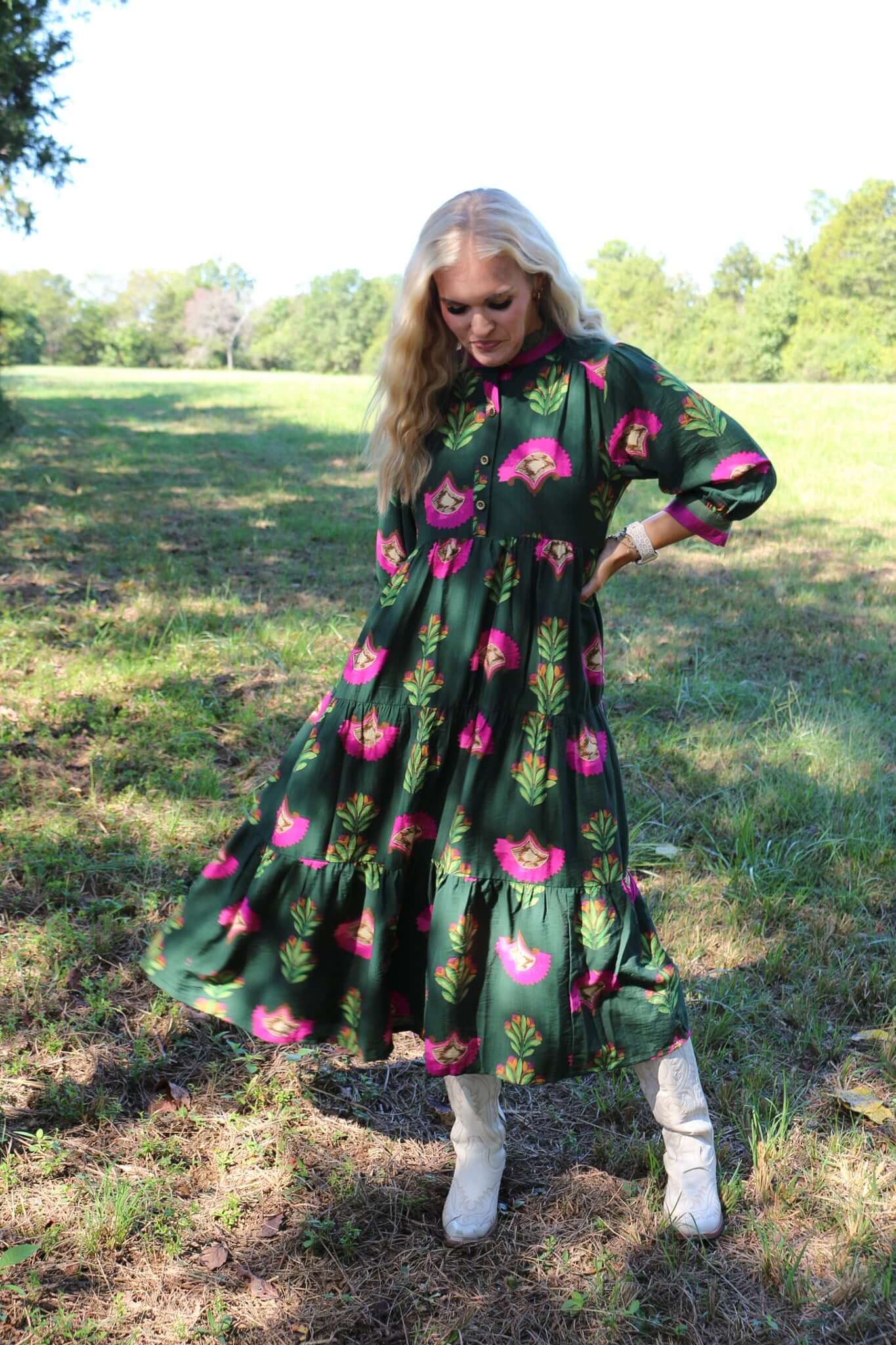Endless Trail Forest Green Floral Midi Tiered Dress