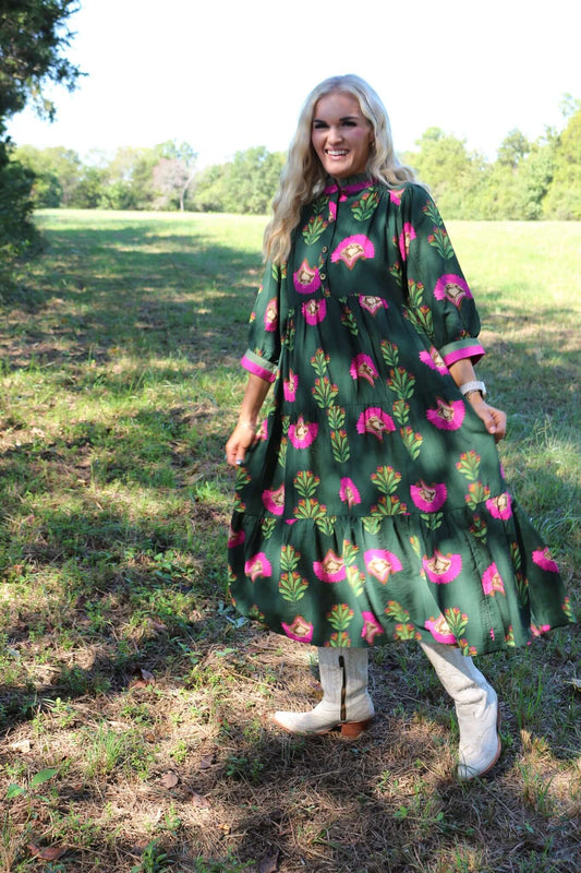 Endless Trail Forest Green Floral Midi Tiered Dress