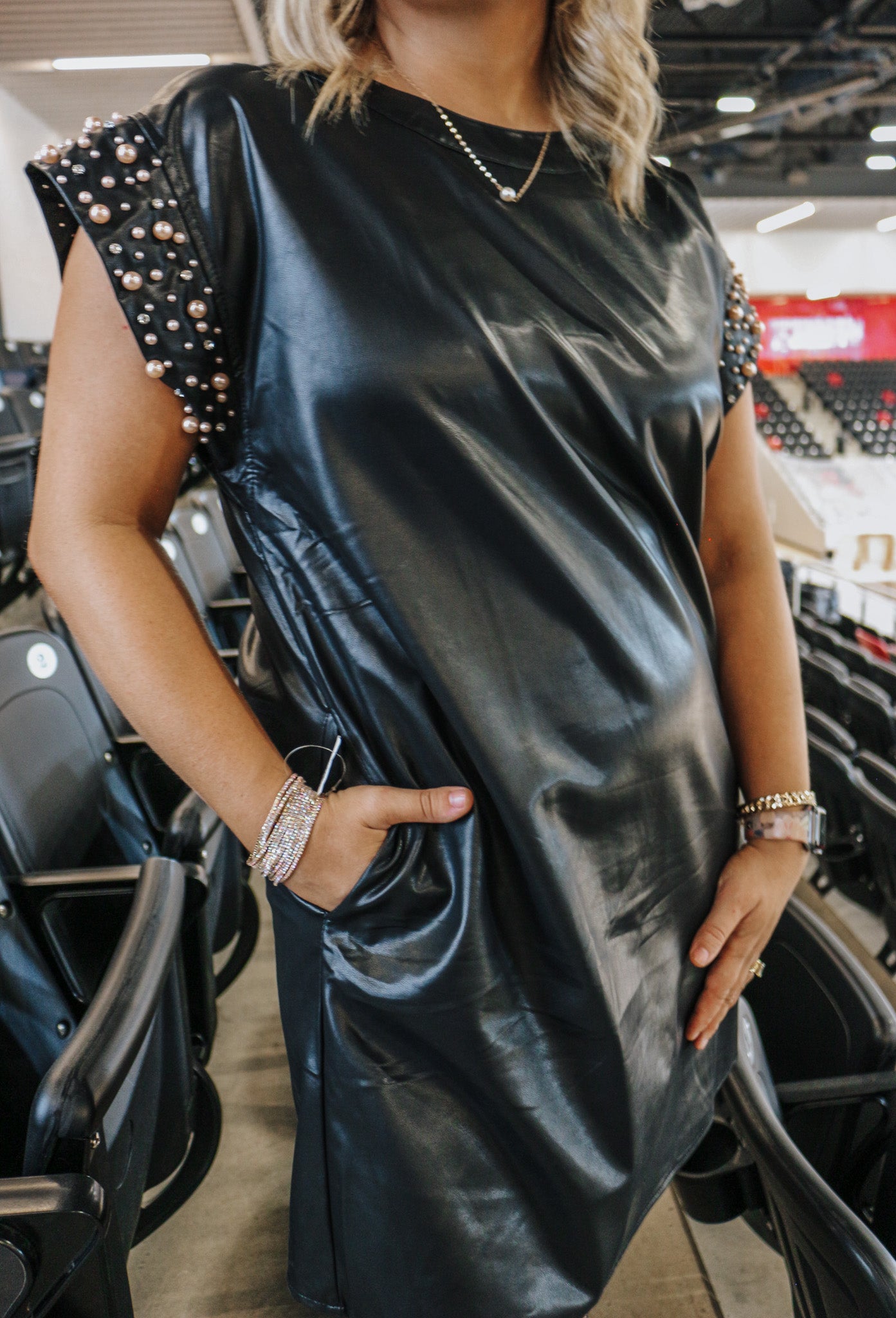 Pep Rally Pearl Black Leather Dress